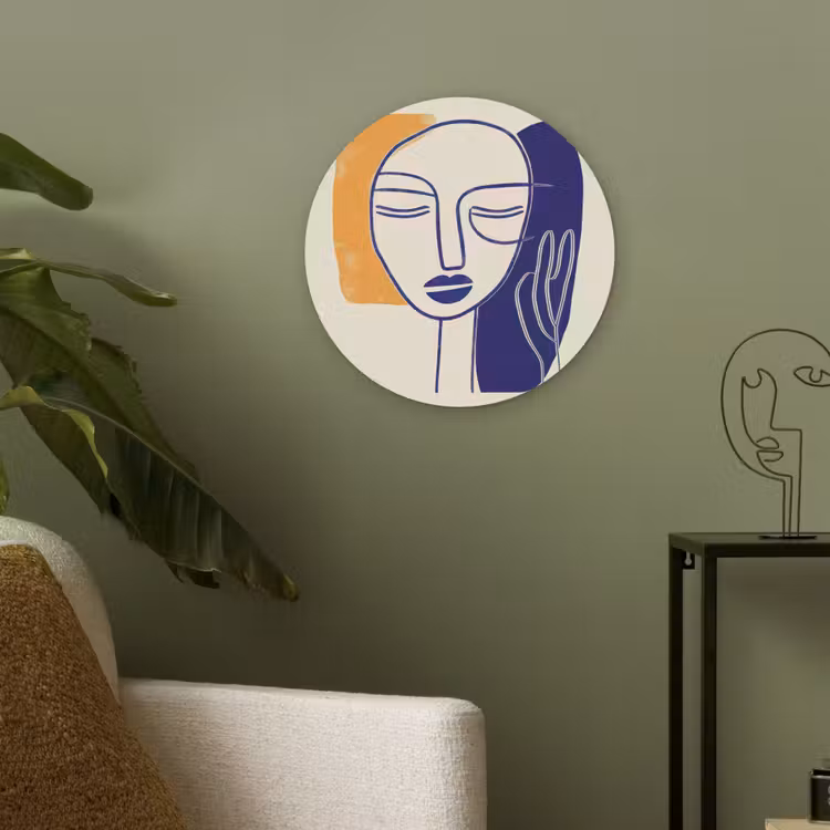 Minimalistisch - Gezicht - Hand - Oranje - Blauw Akoestische PET Vilt - Rond klein -sfeer2