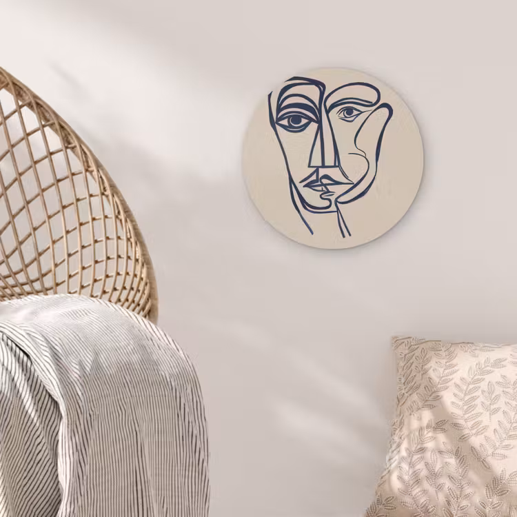Minimalistisch - Lijnillustratie - Beige - Donkerblauw Akoestische PET Vilt - Rond klein -sfeer4