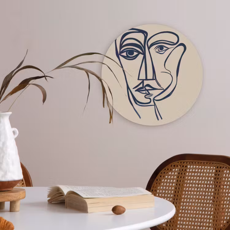 Minimalistisch - Lijnillustratie - Beige - Donkerblauw Akoestische PET Vilt - Rond klein -sfeer3