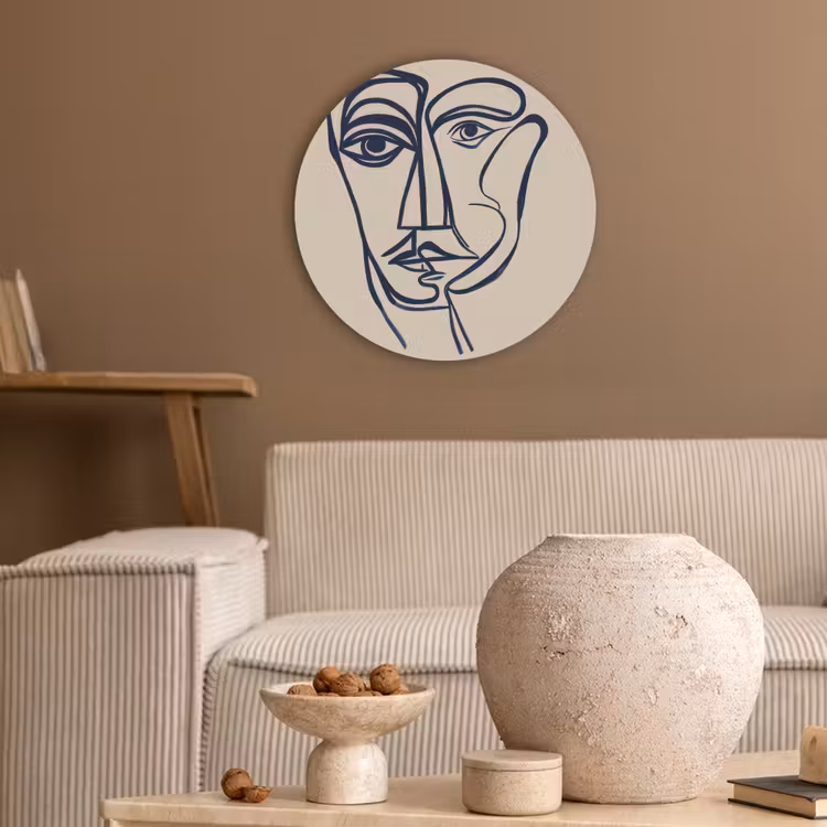 Minimalistisch - Lijnillustratie - Beige - Donkerblauw Akoestische PET Vilt - Rond klein -sfeer1