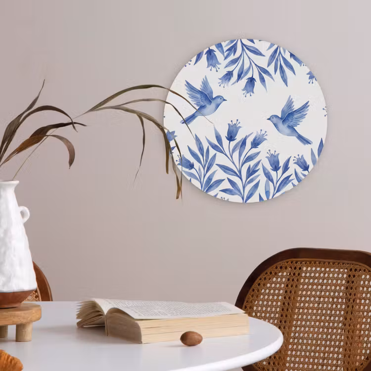 Modern - Vogels - Delfts - Blauw Akoestische PET Vilt - Rond klein -sfeer3