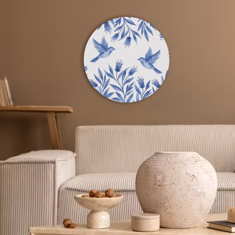 Modern - Vogels - Delfts - Blauw Akoestische PET Vilt - Rond klein -sfeer1