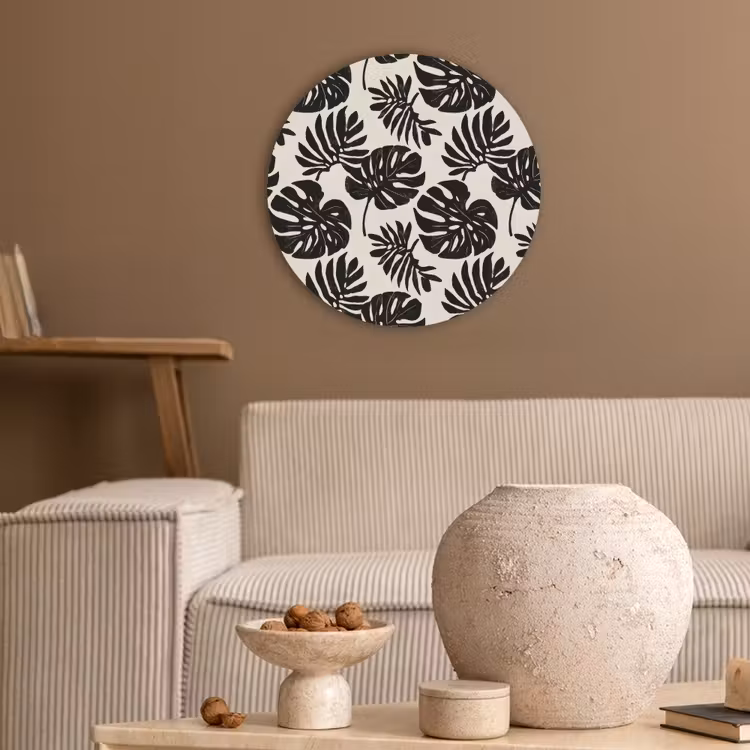 Modern - Monstera - Zwart Akoestische PET Vilt - Rond klein 838 -sfeer1