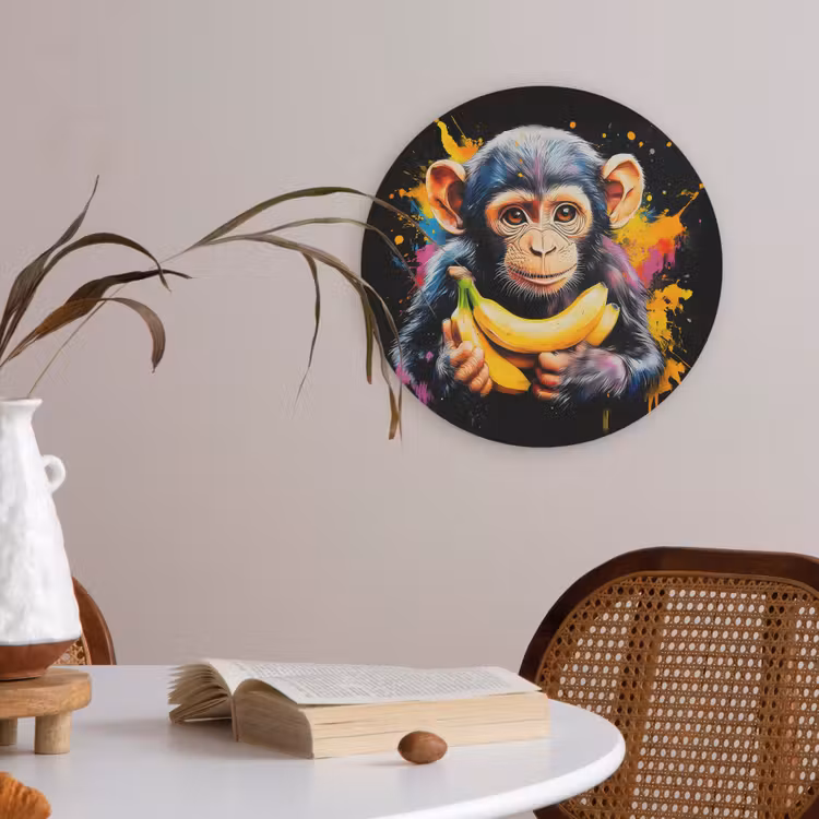 Aap - Graffiti - Kleurrijk - Bananen - Modern Akoestische PET Vilt - Rond klein -sfeer3