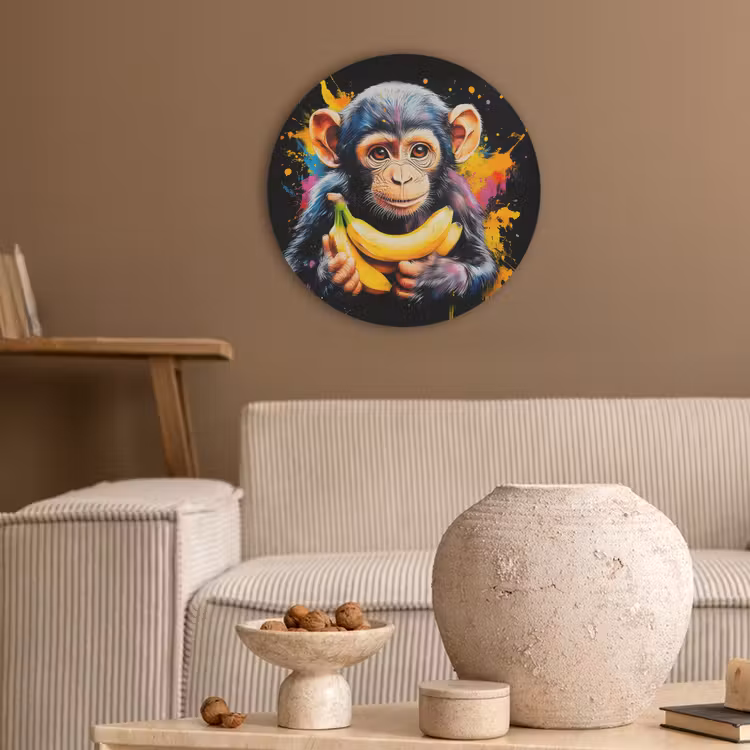 Aap - Graffiti - Kleurrijk - Bananen - Modern Akoestische PET Vilt - Rond klein -sfeer1