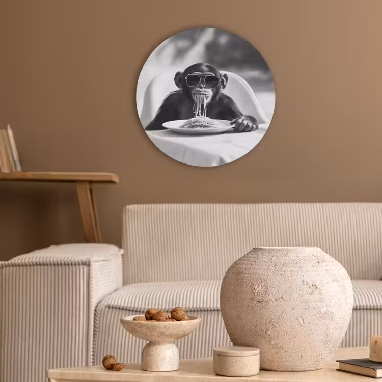 Aap - Spaghetti - Zonnebril - Zwart wit - Cool - Dier Akoestische PET Vilt - Rond klein -sfeer1