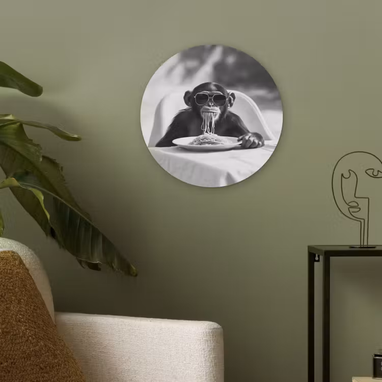 Aap - Spaghetti - Zonnebril - Zwart wit - Cool - Dier Akoestische PET Vilt - Rond klein -sfeer2