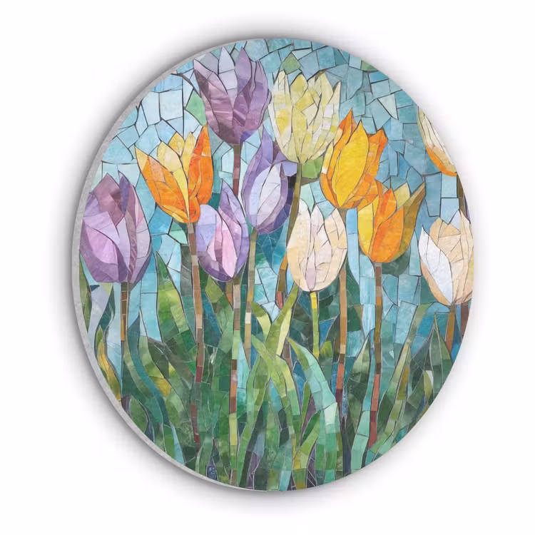 Mozaïek - Veld - Tulpen - Kleurrijk Akoestische PET Vilt - Rond klein -3d