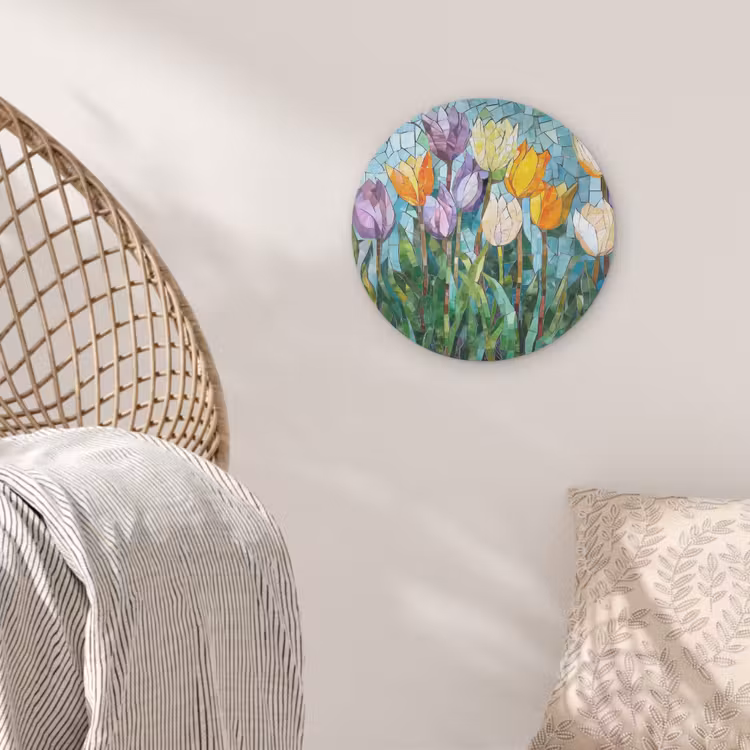 Mozaïek - Veld - Tulpen - Kleurrijk Akoestische PET Vilt - Rond klein -sfeer4