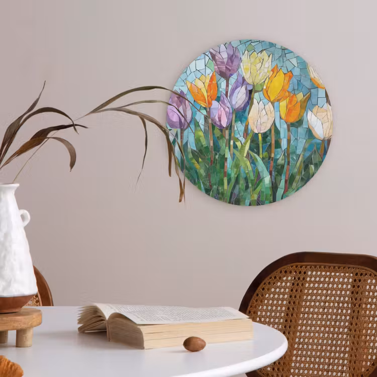 Mozaïek - Veld - Tulpen - Kleurrijk Akoestische PET Vilt - Rond klein -sfeer3