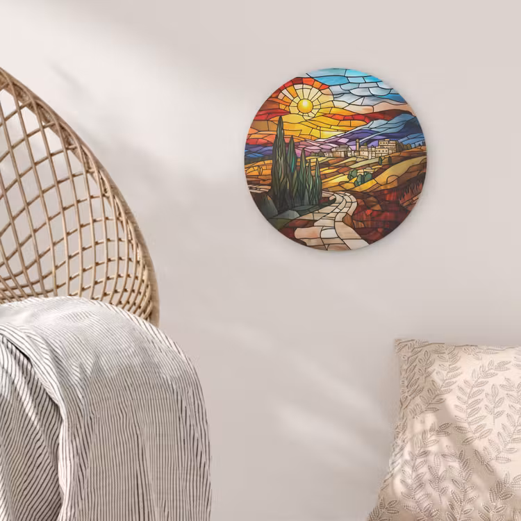 Mozaïek - Zon - Landschap - Dorp Akoestische PET Vilt - Rond klein -sfeer4