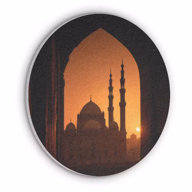 Moskee - Oranje lucht - Islamitisch Akoestische PET Vilt - Rond klein -3d