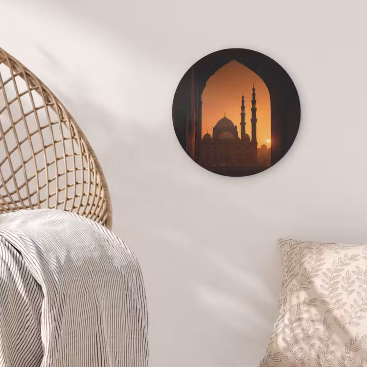 Moskee - Oranje lucht - Islamitisch Akoestische PET Vilt - Rond klein -sfeer4