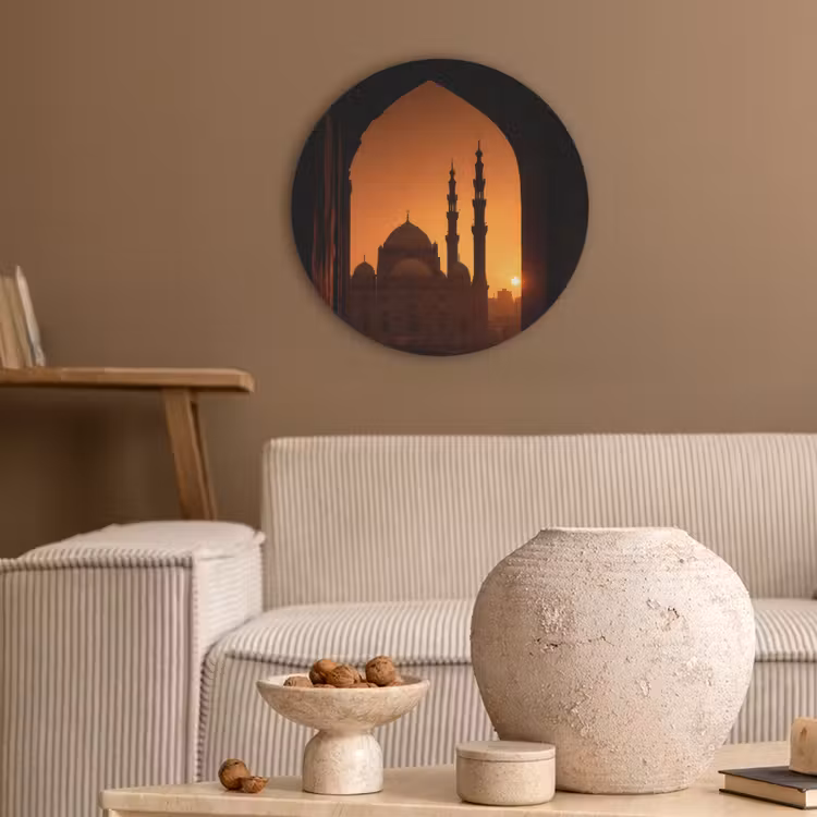 Moskee - Oranje lucht - Islamitisch Akoestische PET Vilt - Rond klein -sfeer1