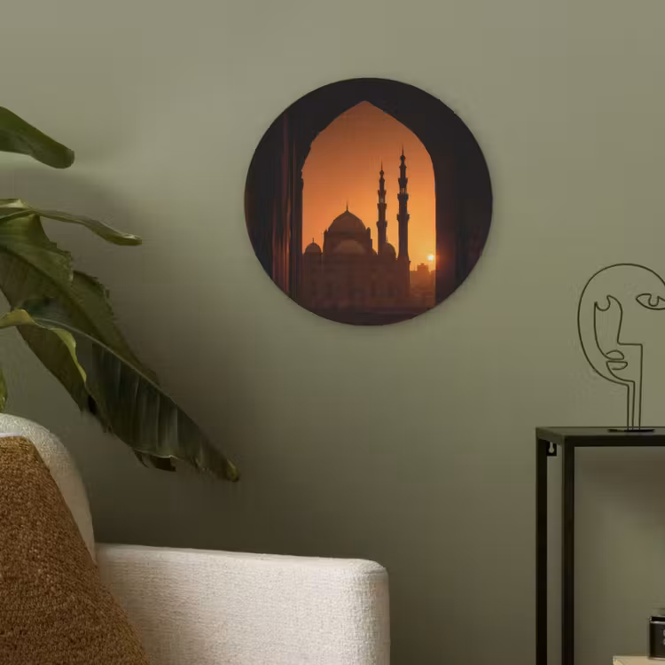 Moskee - Oranje lucht - Islamitisch Akoestische PET Vilt - Rond klein -sfeer2