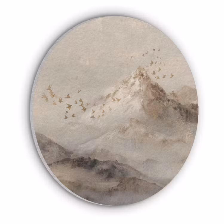 Berglandschap - Mist - Penseelstreken Akoestische PET Vilt - Rond klein -3d