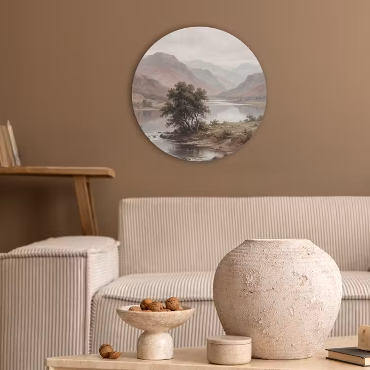Berglandschap - Meer - Bergen - Vallei - Klassiek Akoestische PET Vilt - Rond klein -sfeer1