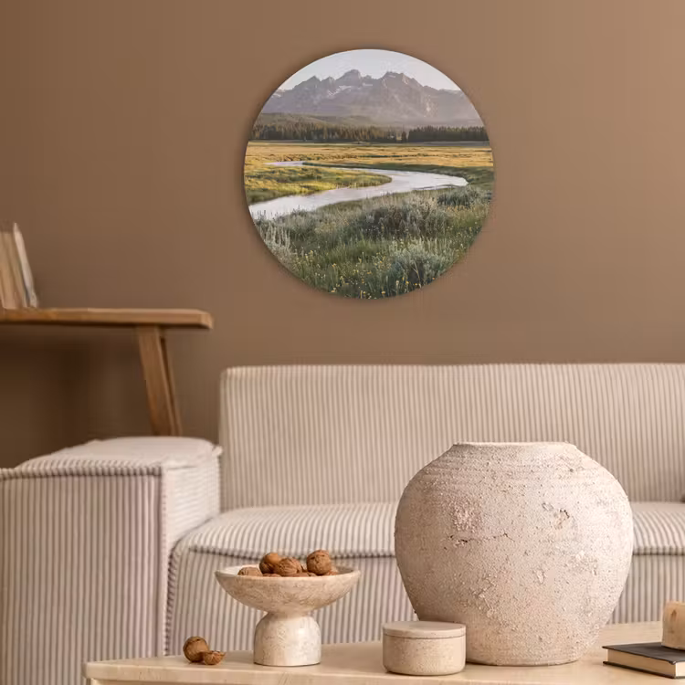 Berglandschap - Rivier - Bos Akoestische PET Vilt - Rond klein -sfeer1