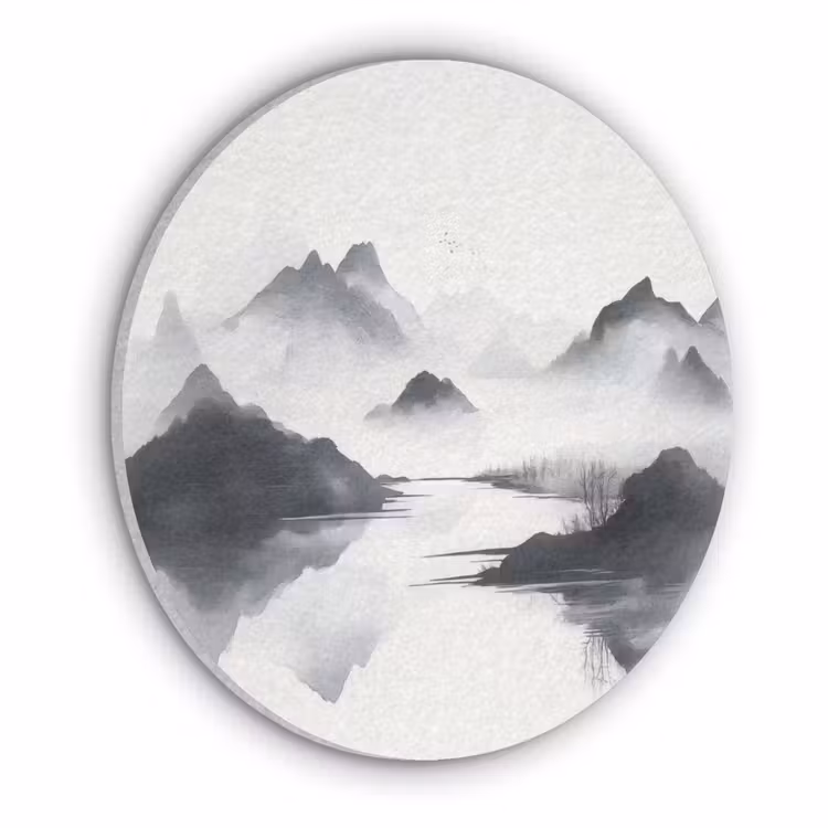 Bergen - Mistig - Water - Wit Akoestische PET Vilt - Rond klein -3d