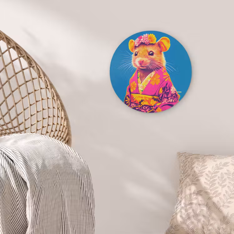 Muis - Kimono - Bloemen - Blauw Akoestische PET Vilt - Rond klein -sfeer4