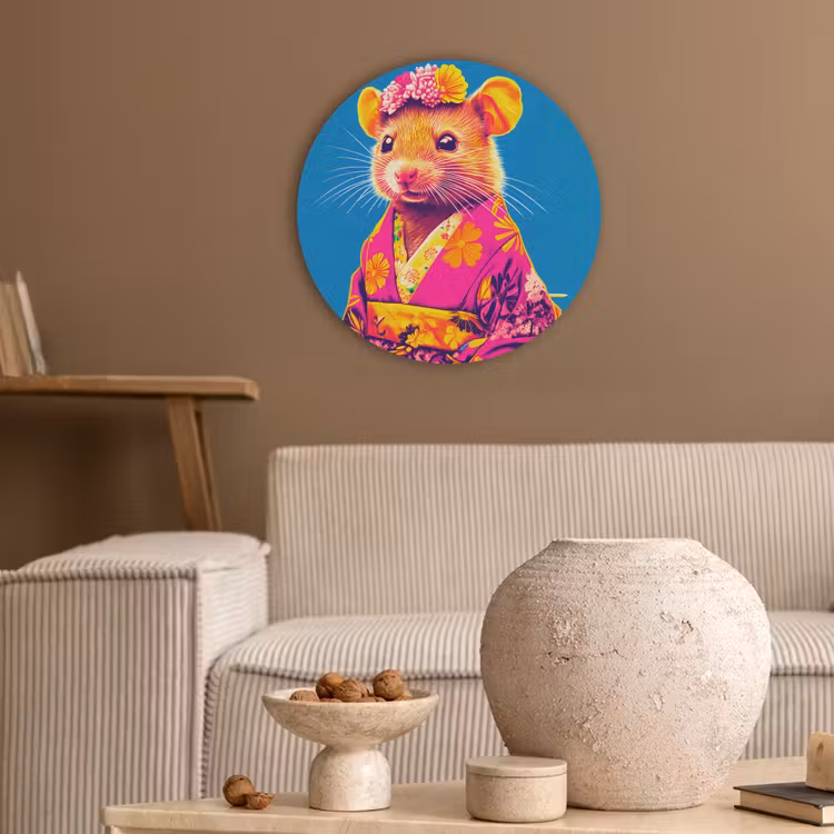 Muis - Kimono - Bloemen - Blauw Akoestische PET Vilt - Rond klein -sfeer1