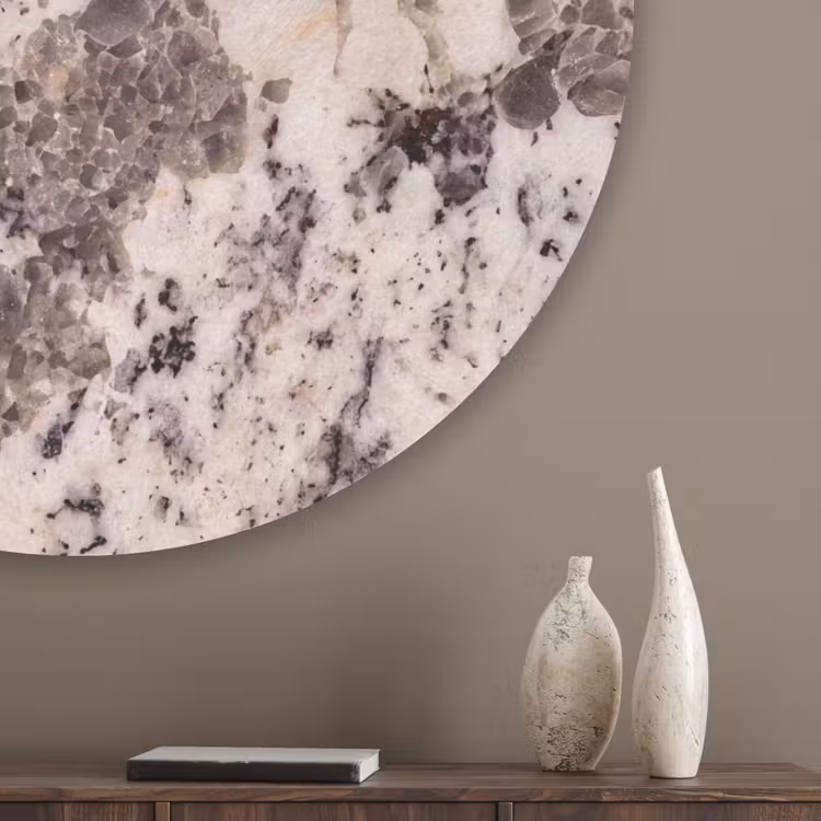 Natuursteen - Patroon - Abstract - Beige - Grijs Akoestische PET Vilt - Rond klein -sfeer5_closeup
