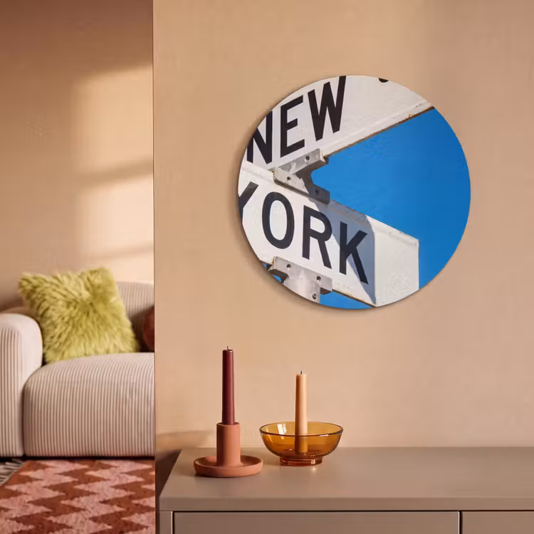 New York - Straatbord - Stad - Urban - Blauw Akoestische PET Vilt - Rond klein -sfeer1
