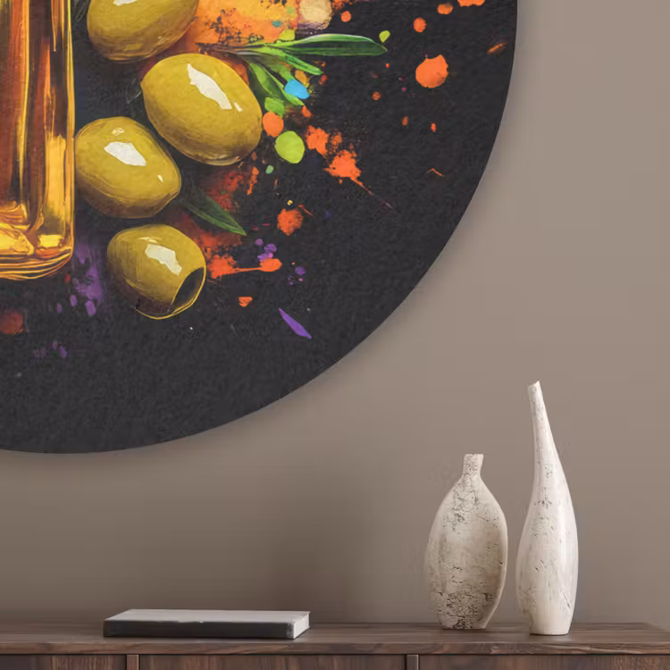 Olijfolie - Graffiti - Peper - Olijven - Modern Akoestische PET Vilt - Rond klein -sfeer5_closeup
