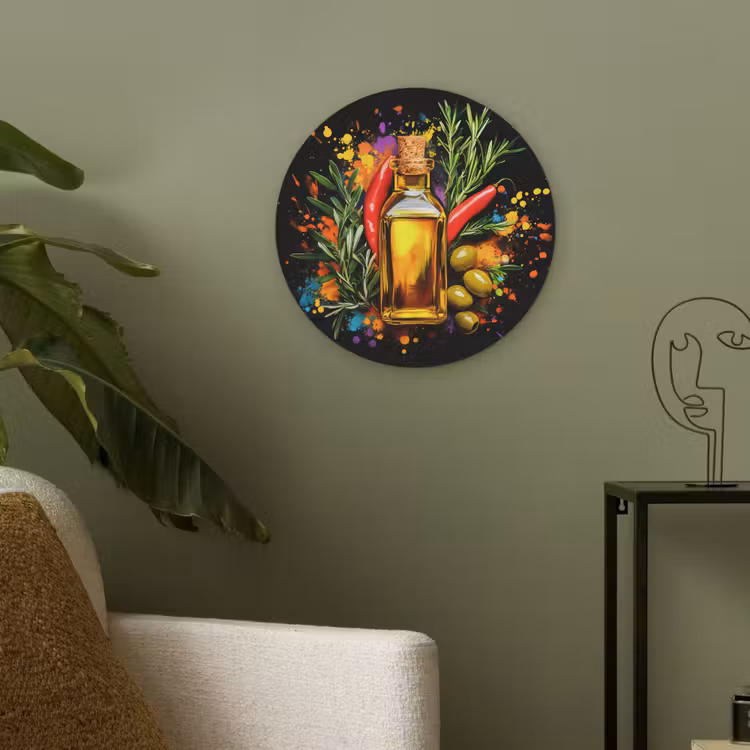 Olijfolie - Graffiti - Peper - Olijven - Modern Akoestische PET Vilt - Rond klein -sfeer2