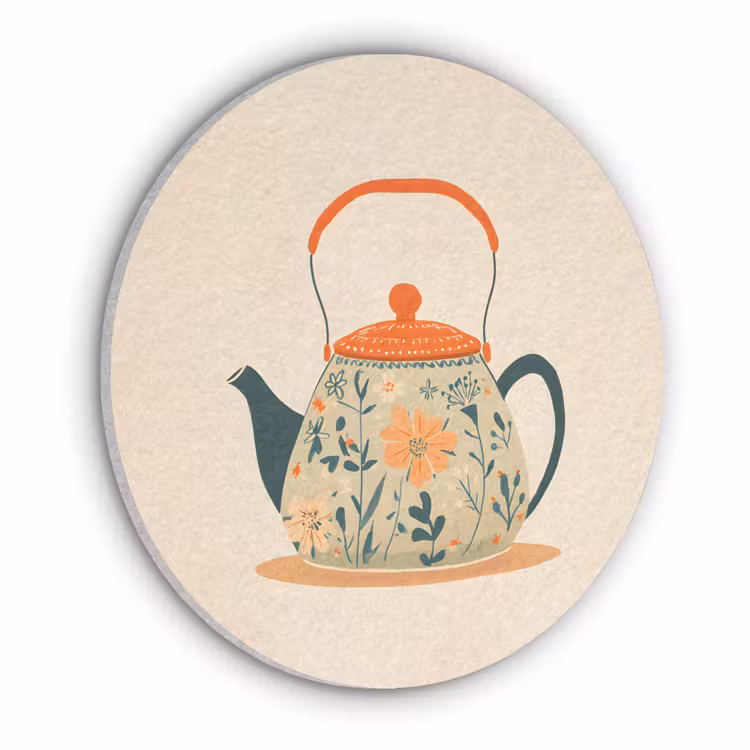 Oranje - Theepot - Bloemen - Bladeren Akoestische PET Vilt - Rond klein -3d