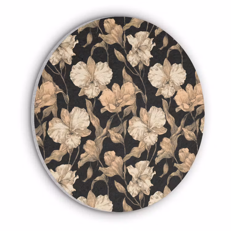 Orchideeën - Lijntekening - Patroon - Beige - Zwart Akoestische PET Vilt - Rond klein 838 -3d