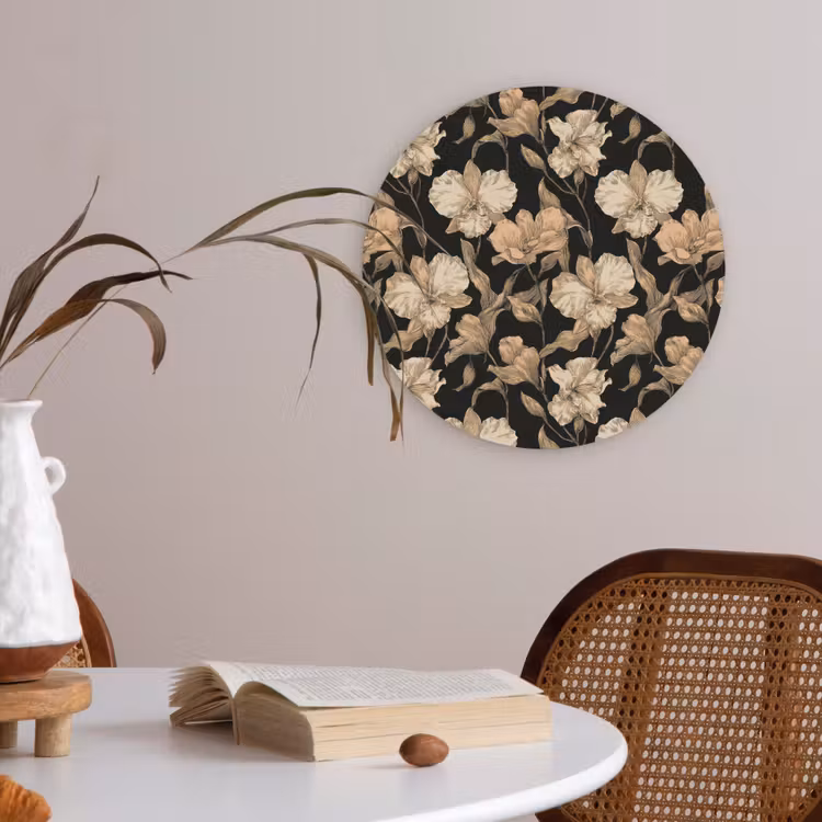 Orchideeën - Lijntekening - Patroon - Beige - Zwart Akoestische PET Vilt - Rond klein 838 -sfeer3