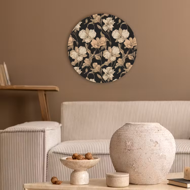 Orchideeën - Lijntekening - Patroon - Beige - Zwart Akoestische PET Vilt - Rond klein 838 -sfeer1