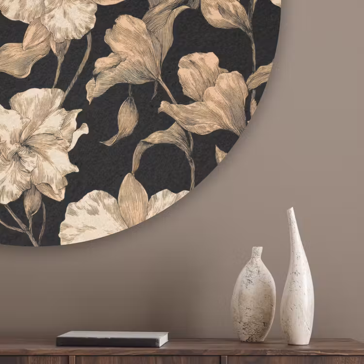 Orchideeën - Lijntekening - Patroon - Beige - Zwart Akoestische PET Vilt - Rond klein 838 -sfeer5_closeup