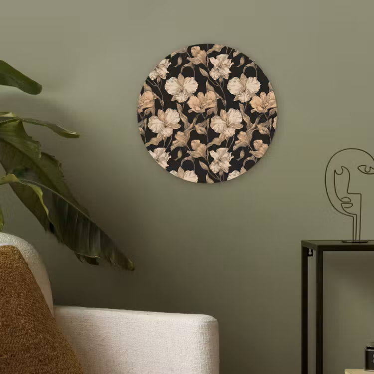 Orchideeën - Lijntekening - Patroon - Beige - Zwart Akoestische PET Vilt - Rond klein 838 -sfeer2