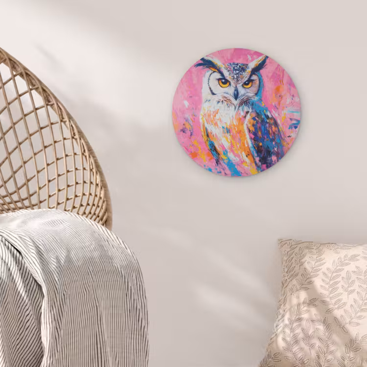 Uil - Roze - Blauw - Verf - Abstract Akoestische PET Vilt - Rond klein -sfeer4
