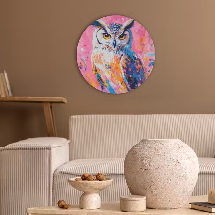 Uil - Roze - Blauw - Verf - Abstract Akoestische PET Vilt - Rond klein -sfeer1
