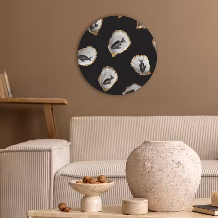 Oesters - Zwart - Vissen - Goud Akoestische PET Vilt - Rond klein -sfeer1