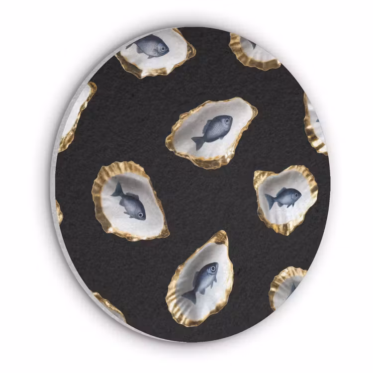 Oesters - Vissen - Blauw - Goud Akoestische PET Vilt - Rond klein -3d