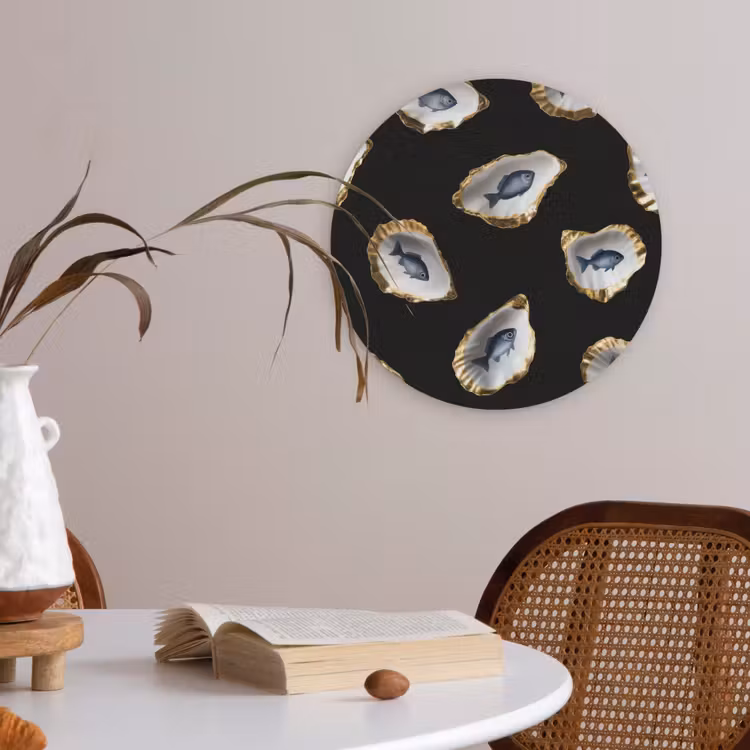 Oesters - Vissen - Blauw - Goud Akoestische PET Vilt - Rond klein -sfeer3