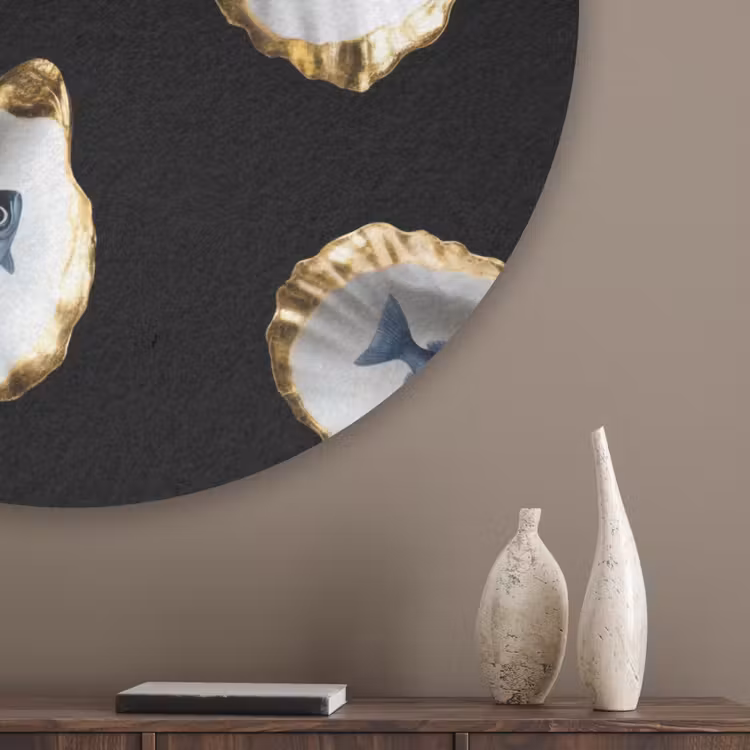 Oesters - Vissen - Blauw - Goud Akoestische PET Vilt - Rond klein -sfeer5_closeup