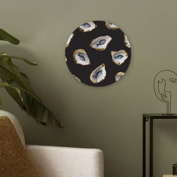 Oesters - Vissen - Blauw - Goud Akoestische PET Vilt - Rond klein -sfeer2