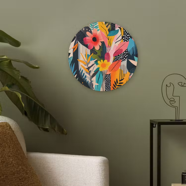 Schilderij - Abstract - Bloemen - Roze Akoestische PET Vilt - Rond klein -sfeer2