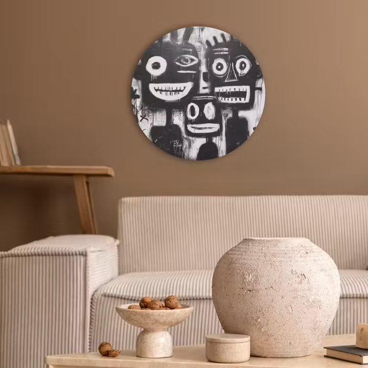 Schilderij - Figuren - Zwart - Abstract Akoestische PET Vilt - Rond klein -sfeer1