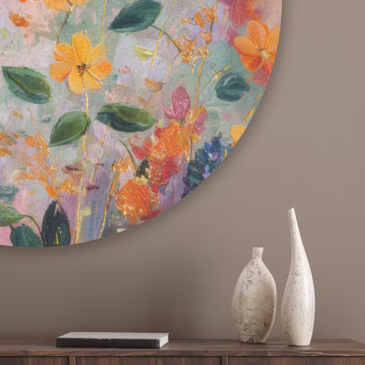 Schilderij - Bloemen - Abstract - Kleurrijk Akoestische PET Vilt - Rond klein -sfeer5_closeup