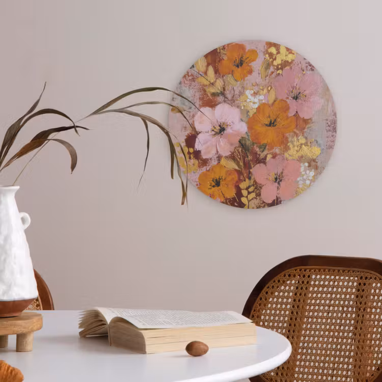 Schilderij - Bloemen - Rustiek - Roze Akoestische PET Vilt - Rond klein -sfeer3