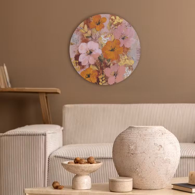Schilderij - Bloemen - Rustiek - Roze Akoestische PET Vilt - Rond klein -sfeer1
