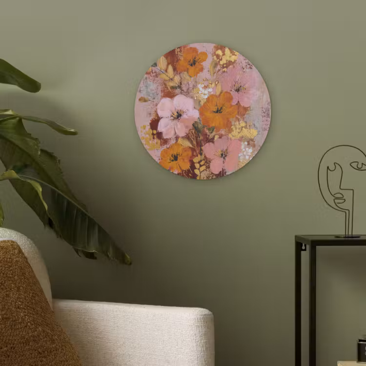 Schilderij - Bloemen - Rustiek - Roze Akoestische PET Vilt - Rond klein -sfeer2