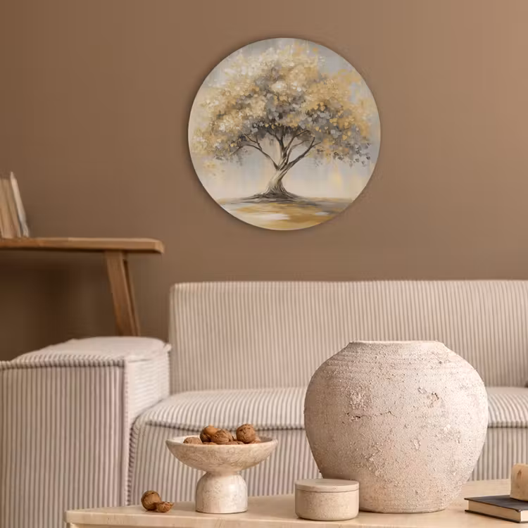 Schilderij - Boom - Abstract - Bladeren Akoestische PET Vilt - Rond klein -sfeer1