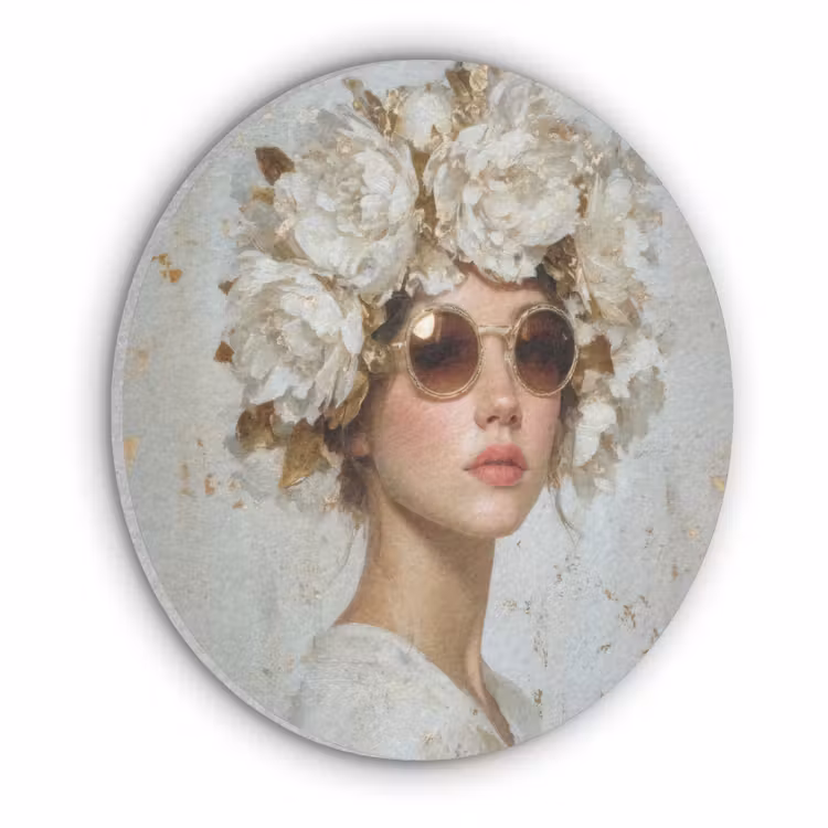 Schilderij - Vrouw - Zonnebril - Bloemenkrans Akoestische PET Vilt - Rond klein -3d